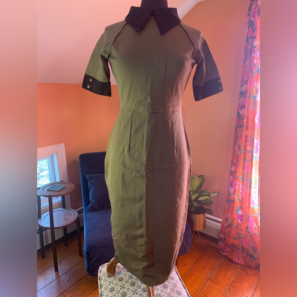 Mary Crafts, khaki, military style, midi dress
